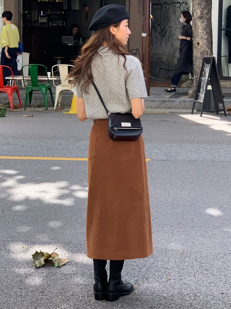 タイトスカート 裏起毛コーデュロイフロントスリットタイトスカート
