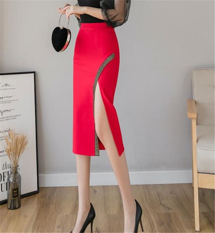 レース切り替えスリット入りひざ丈タイトスカート