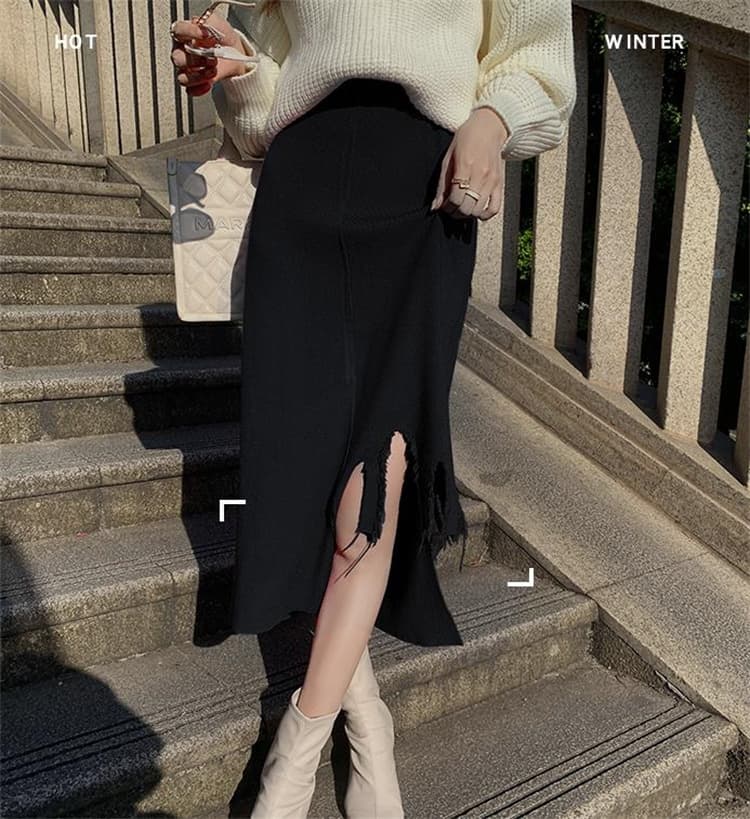 タイトスカート 裾ほつれニットロングスカート タイト美シルエット