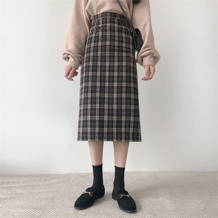 チェック柄ひざ丈ハイウエストタイトスカート学院風