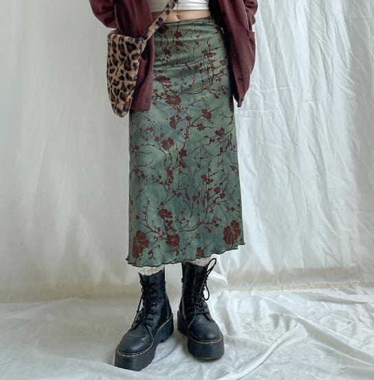 花柄ロング丈ハイウエストタイトスカート復古風