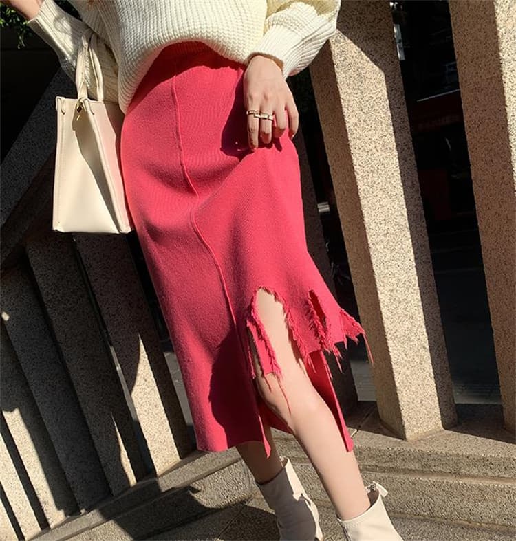 タイトスカート 裾ほつれニットロングスカート タイト美シルエット