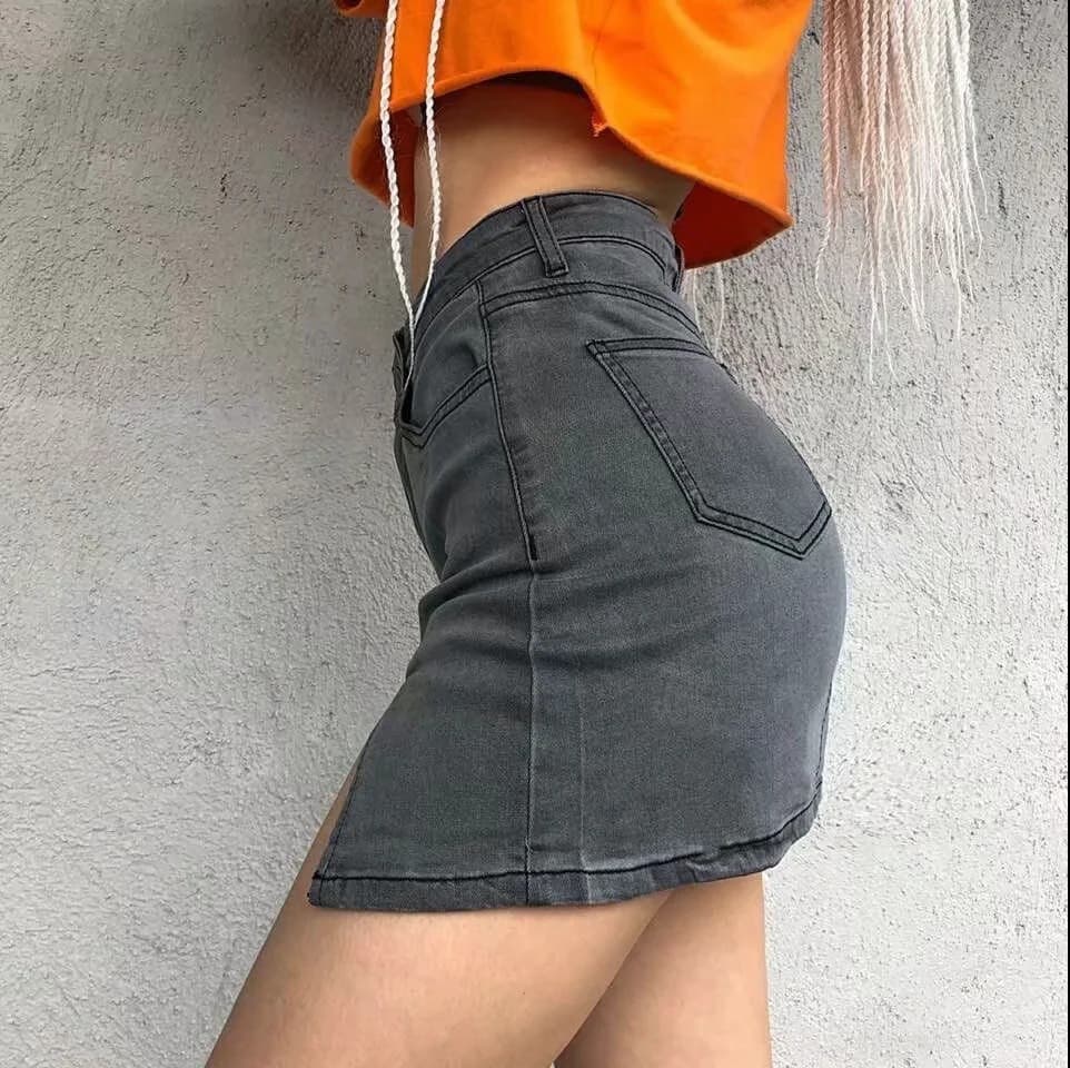 タイトスカート デニムフリンジ裾タイトミニスカート