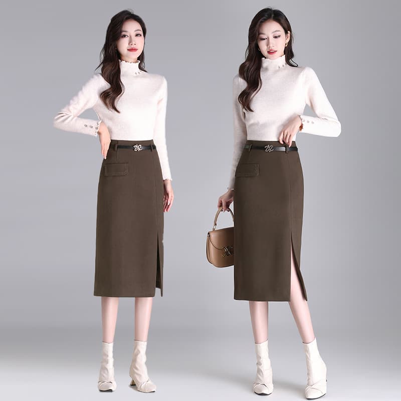 タイトスカート 上品なベルト付きスリット入りタイトスカート