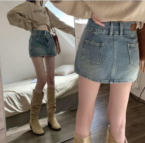 デニムミニスカート ハイウエスト台形タイトスカート