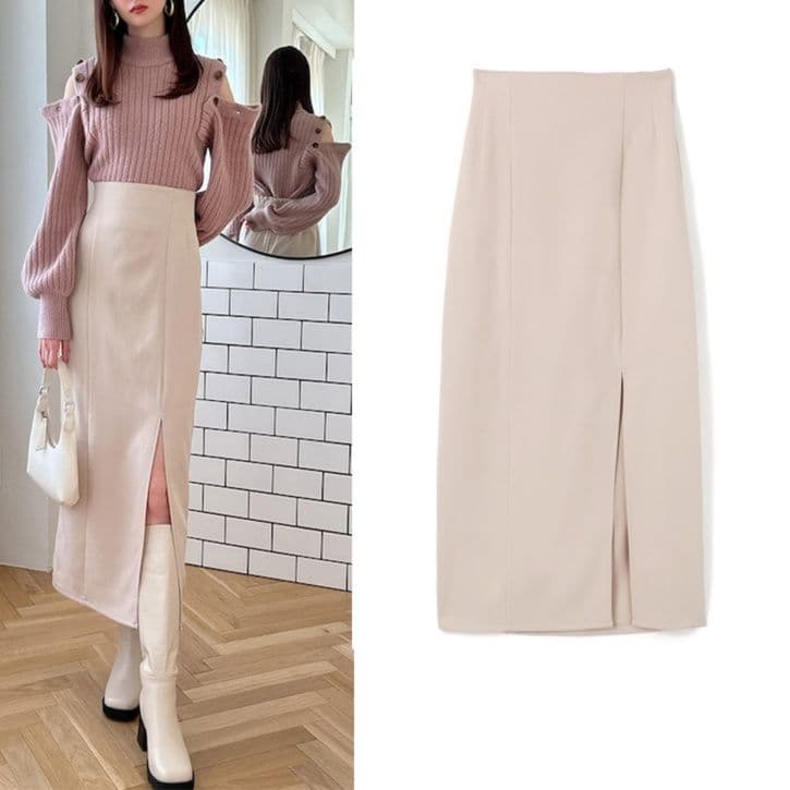 タイトスカート フロントスリット入りハイウエストタイトロングスカート