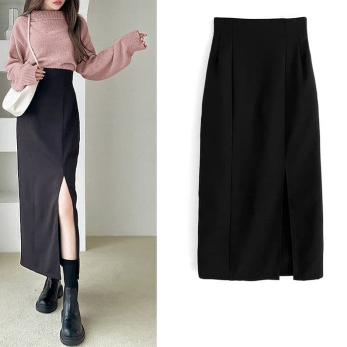 タイトスカート フロントスリット入りハイウエストタイトロングスカート