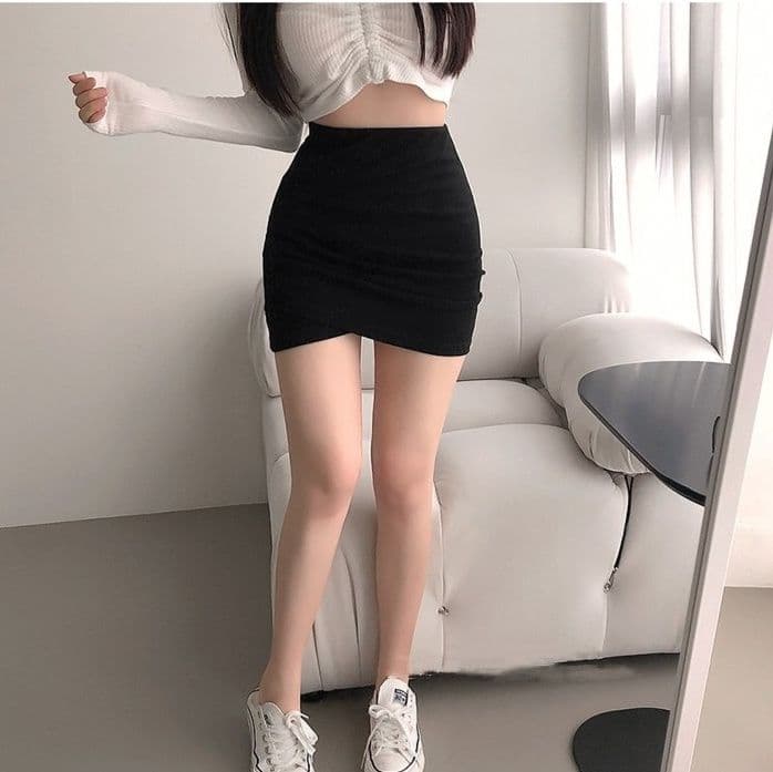 タイトスカート 横段ギャザー入りハイウエストタイトスカート