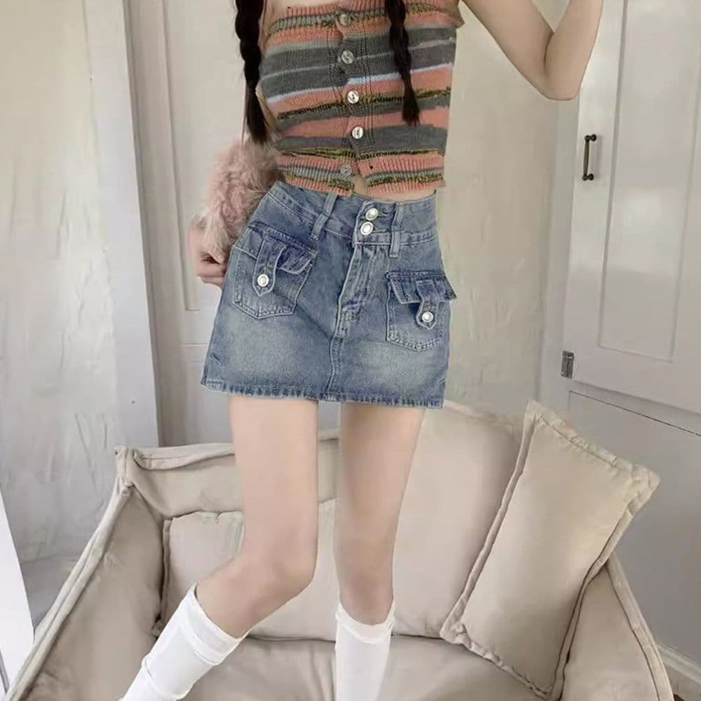 タイトスカート ハイウエストミニデニムスカート カーゴポケット付
