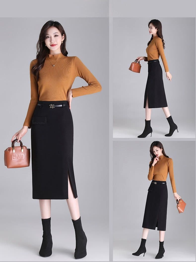 タイトスカート 上品なベルト付きスリット入りタイトスカート