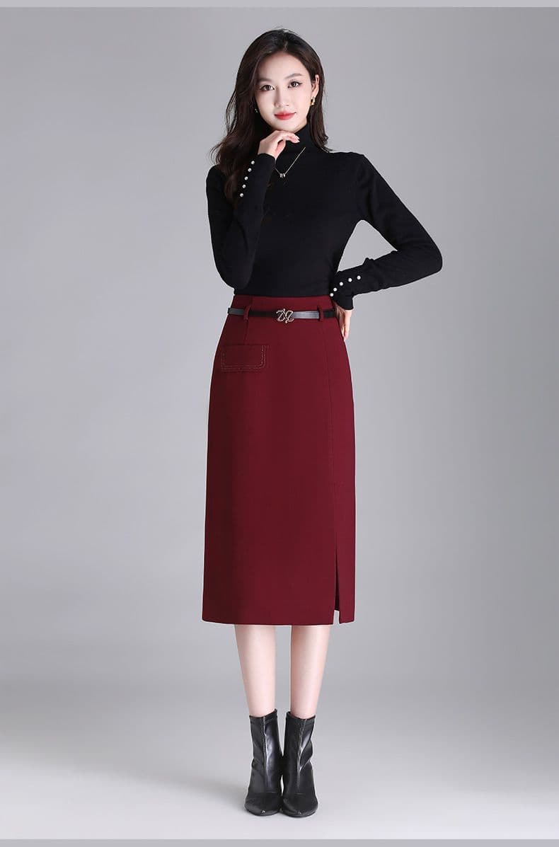タイトスカート 上品なベルト付きスリット入りタイトスカート