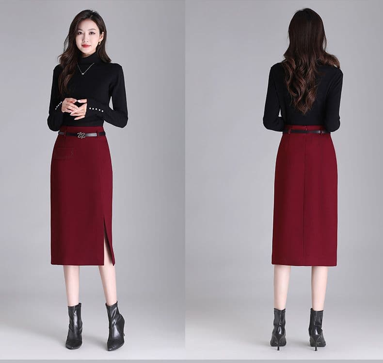 タイトスカート 上品なベルト付きスリット入りタイトスカート