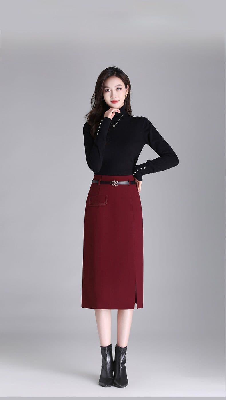 タイトスカート 上品なベルト付きスリット入りタイトスカート