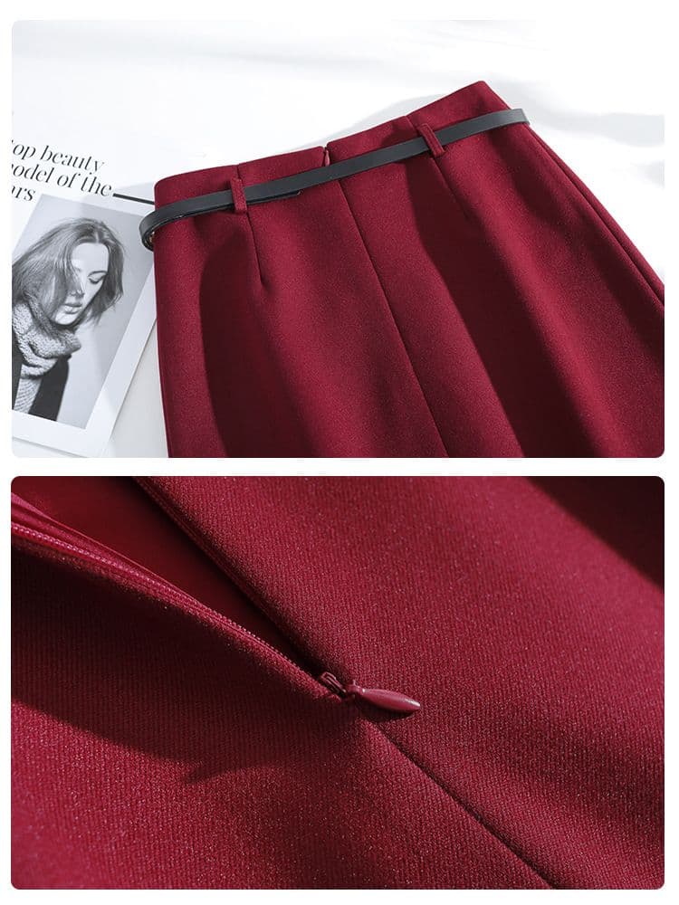 タイトスカート 上品なベルト付きスリット入りタイトスカート