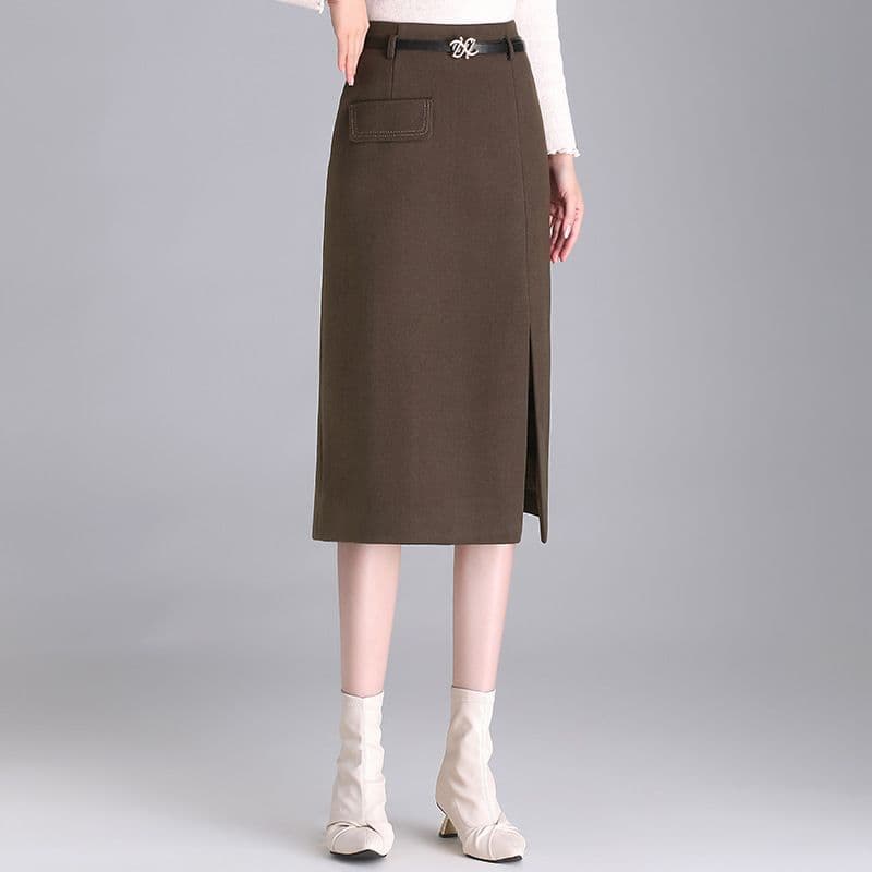 タイトスカート 上品なベルト付きスリット入りタイトスカート