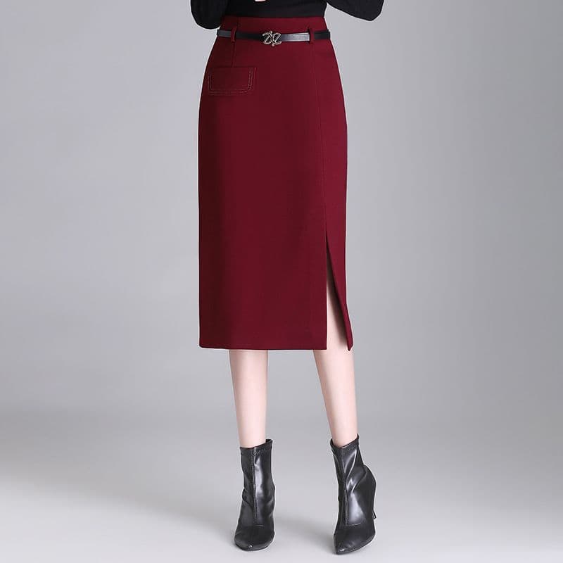 タイトスカート 上品なベルト付きスリット入りタイトスカート