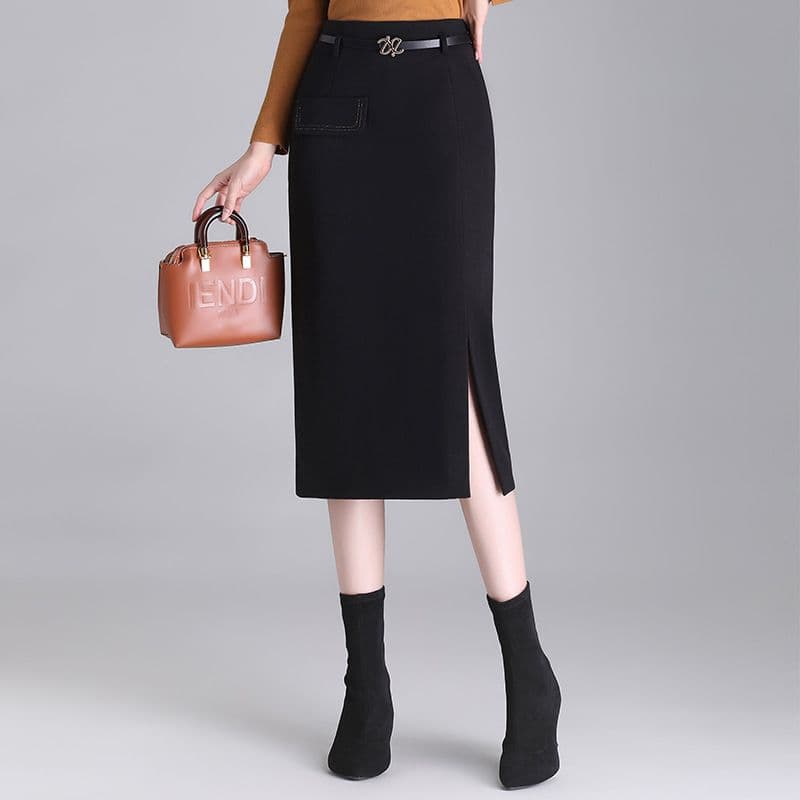 タイトスカート 上品なベルト付きスリット入りタイトスカート