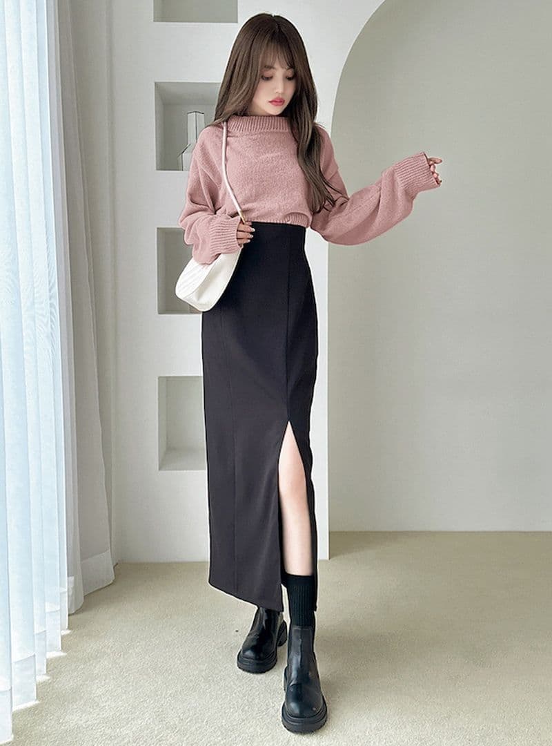 タイトスカート フロントスリット入りハイウエストタイトロングスカート