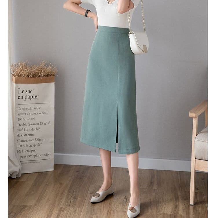 タイトスカート フロントスリット入りひざ丈タイトスカート