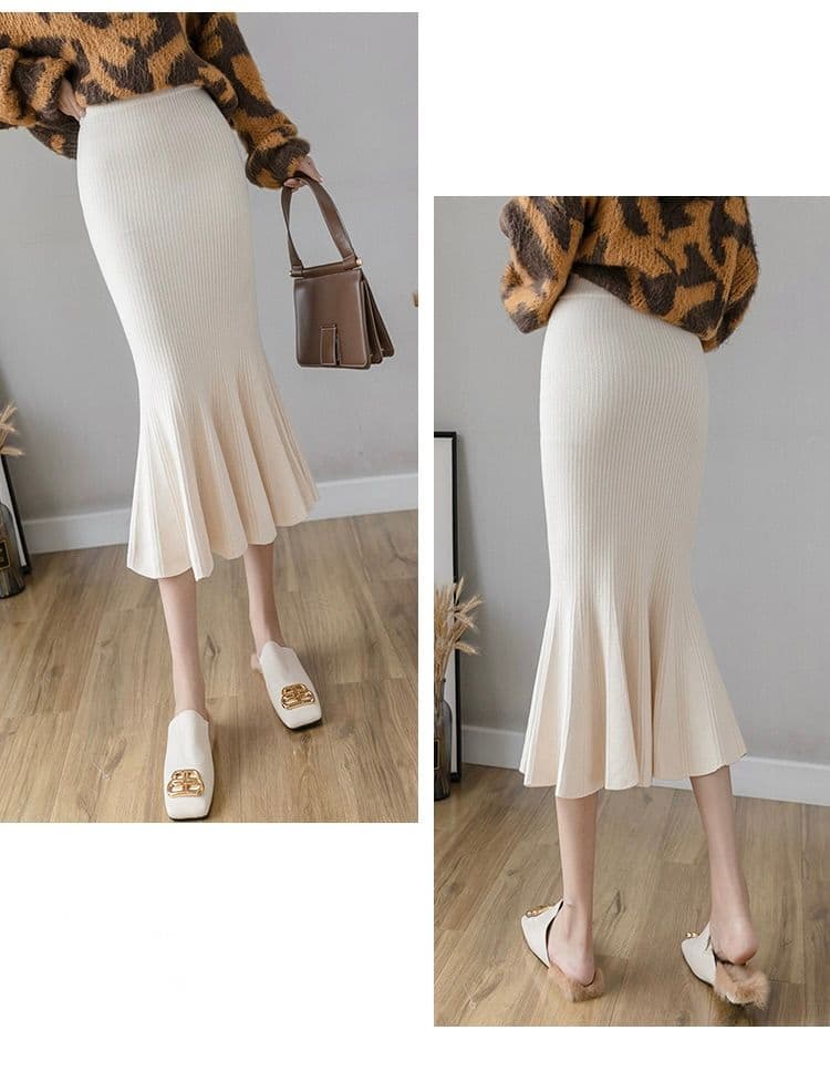 タイトスカート リブニット素材マーメイドシルエット裾広がりスカート