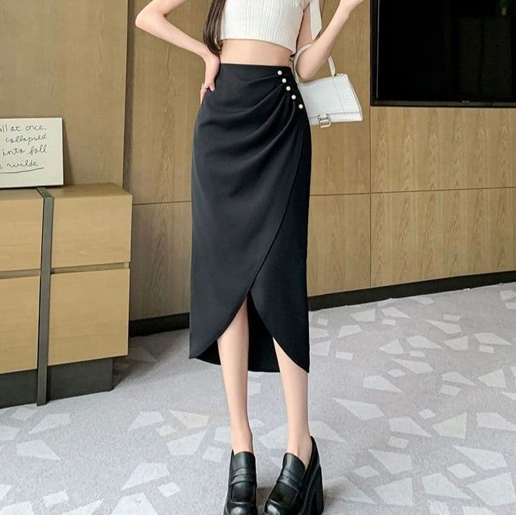 タイトスカート サイドボタン装飾巻き風タイトロングスカート