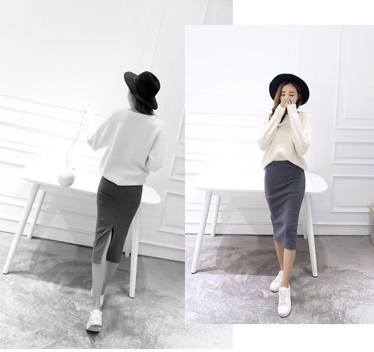 タイトスカート リブ編みニットタイトスカートひざ丈