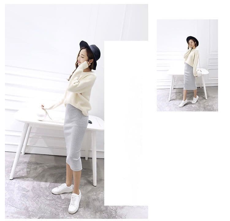 タイトスカート リブ編みニットタイトスカートひざ丈