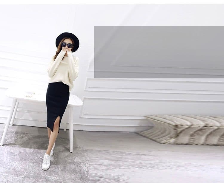 タイトスカート リブ編みニットタイトスカートひざ丈