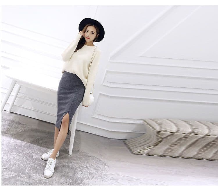 タイトスカート リブ編みニットタイトスカートひざ丈