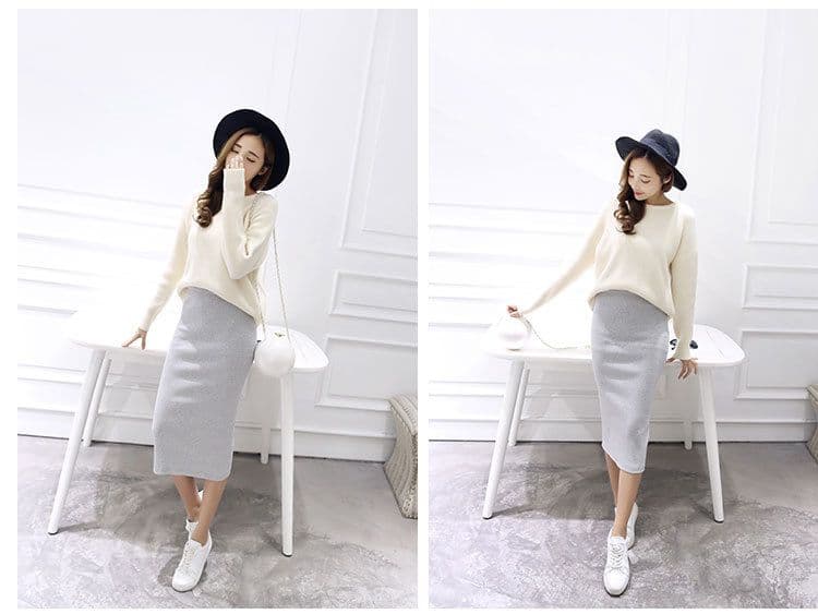 タイトスカート リブ編みニットタイトスカートひざ丈