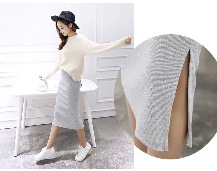 タイトスカート リブ編みニットタイトスカートひざ丈