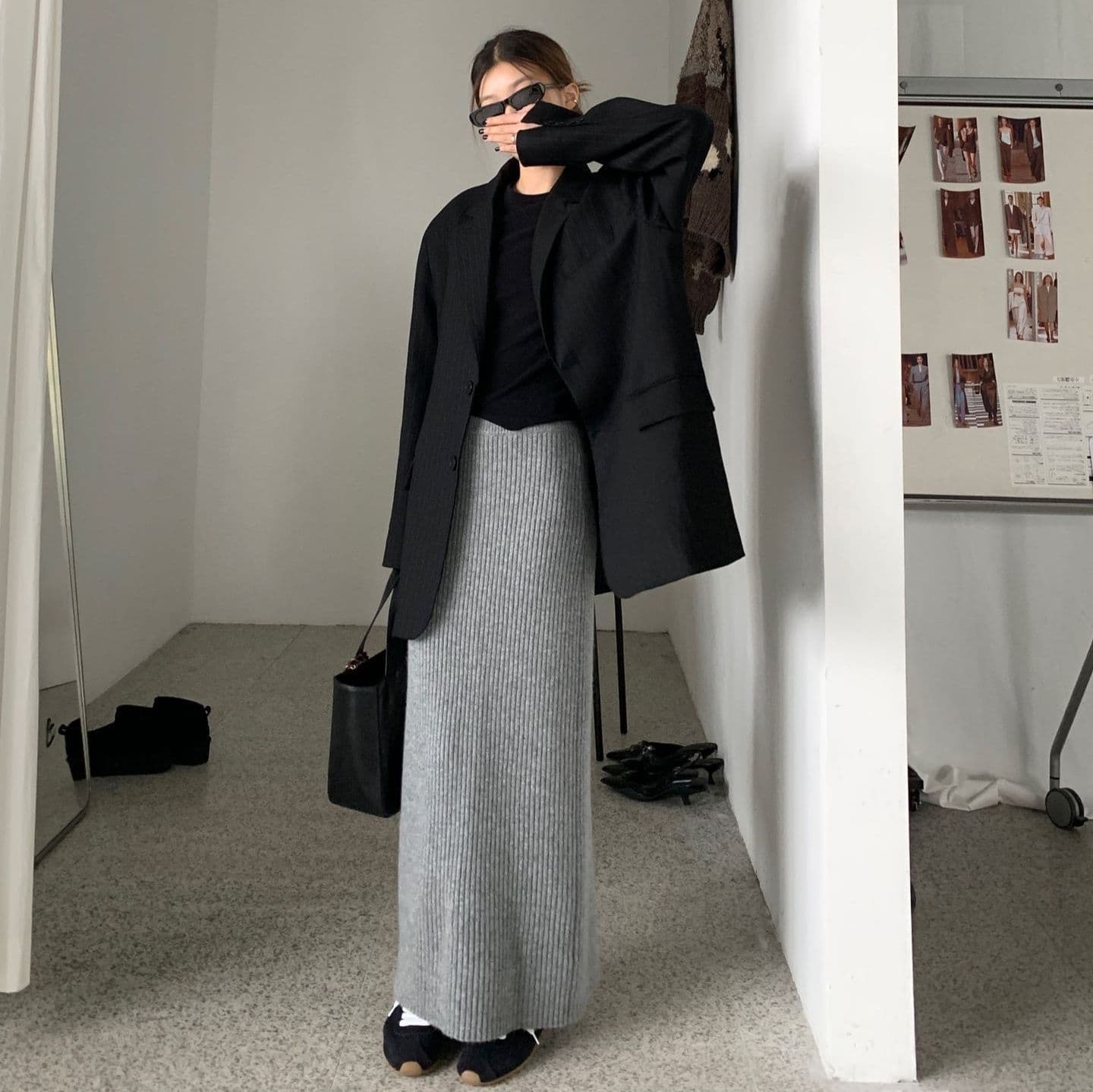 縦リブニットロング丈タイトスカート