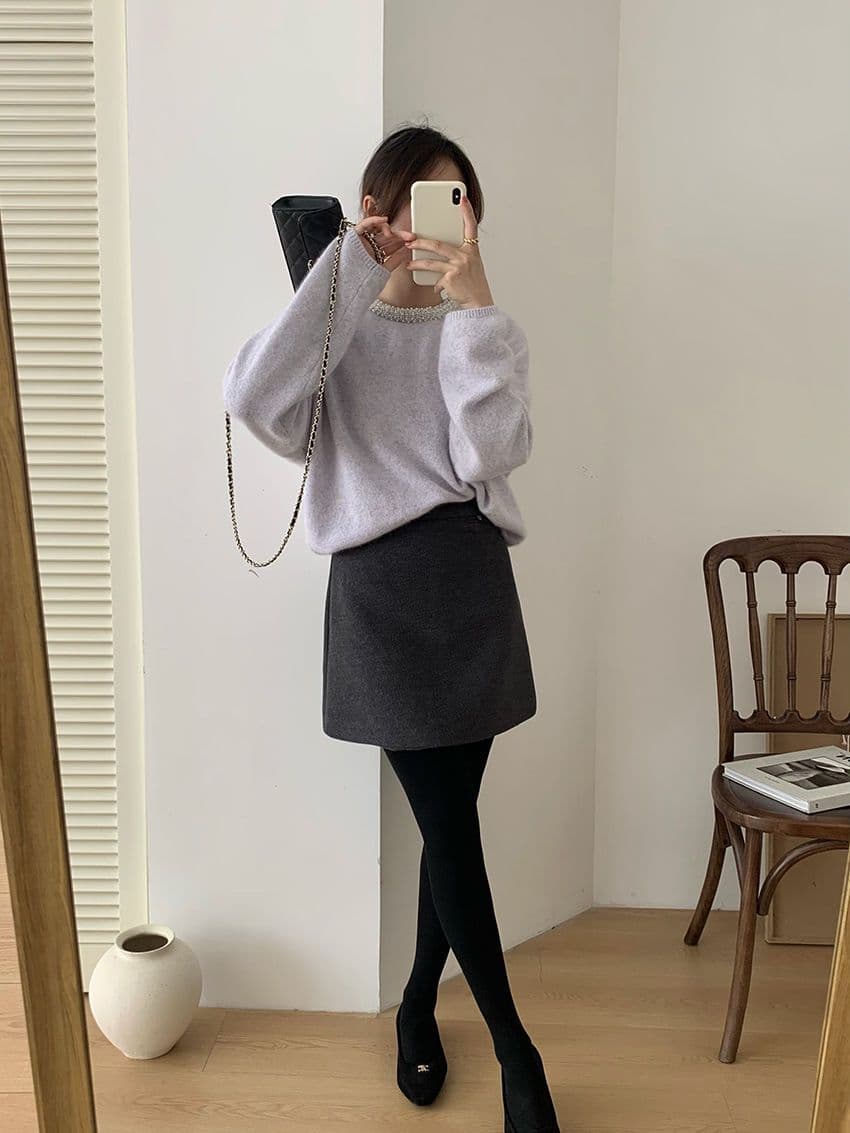 タイトスカート 上品ウール混台形シルエットミニタイトスカート
