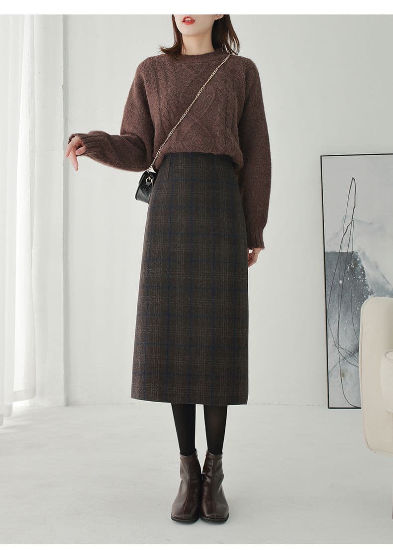 タイトスカート 上品チェック柄ウール混タイトスカート