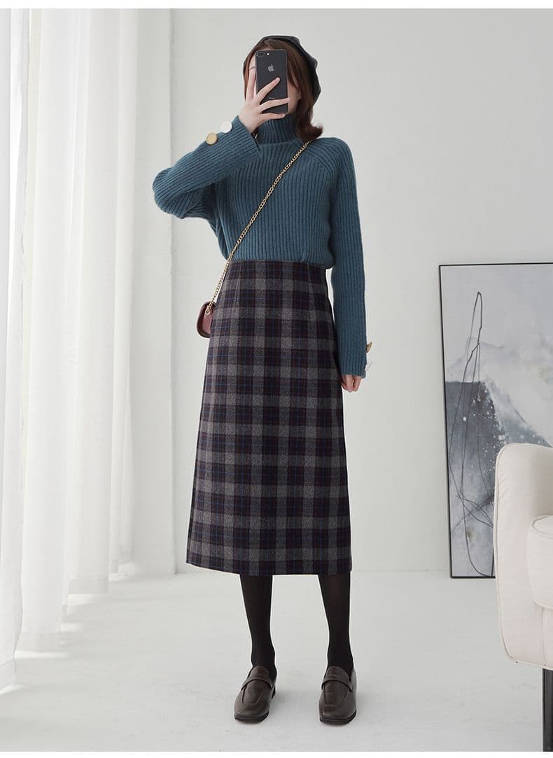 タイトスカート 上品チェック柄ウール混タイトスカート
