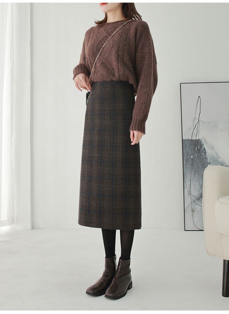タイトスカート 上品チェック柄ウール混タイトスカート
