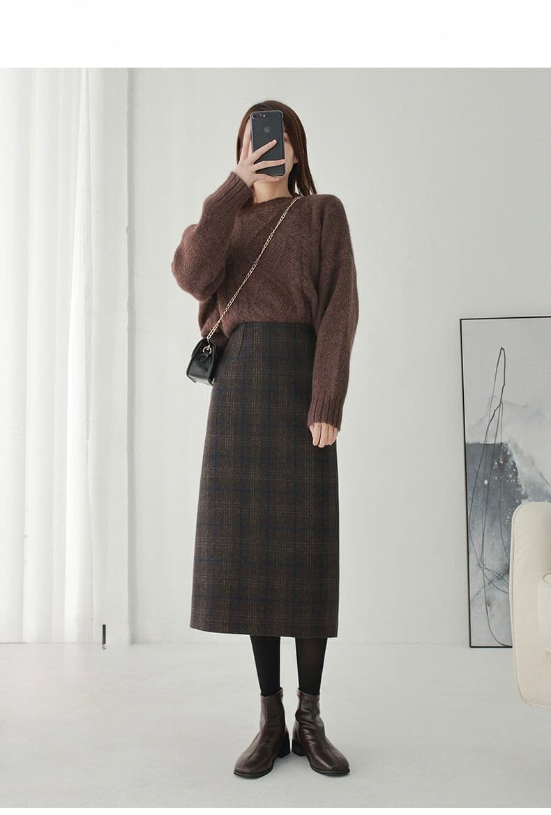 タイトスカート 上品チェック柄ウール混タイトスカート