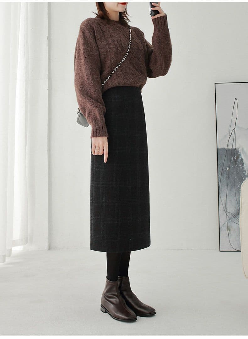 タイトスカート 上品チェック柄ウール混タイトスカート