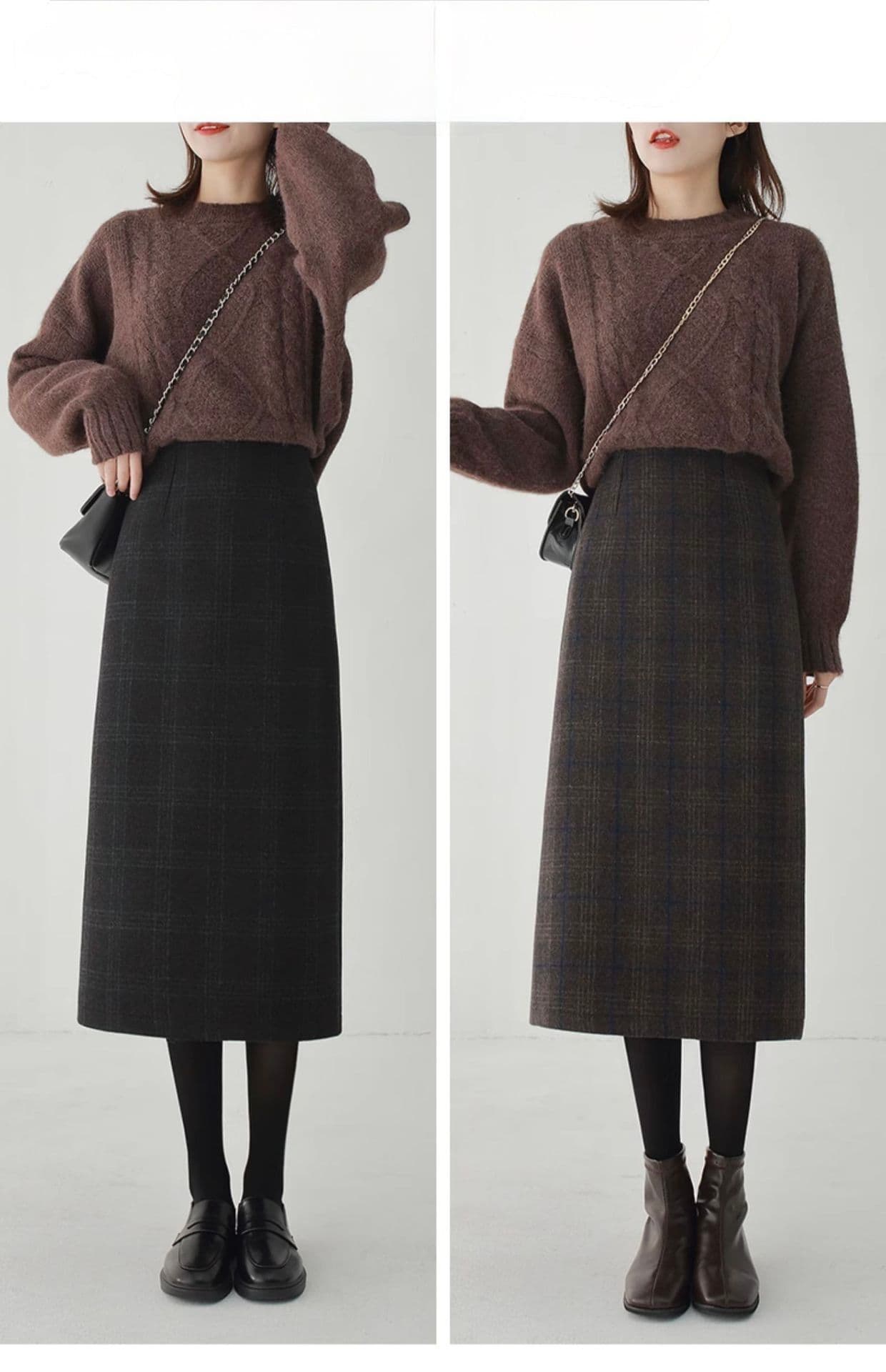 タイトスカート 上品チェック柄ウール混タイトスカート