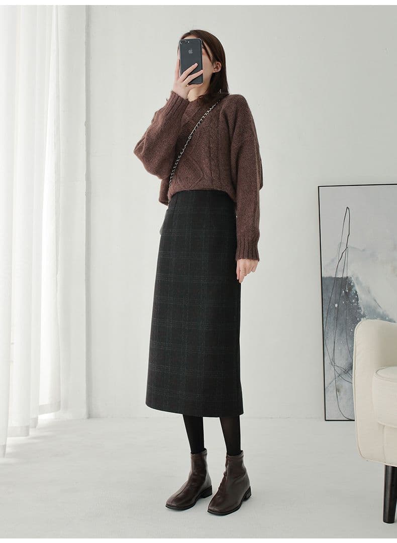 タイトスカート 上品チェック柄ウール混タイトスカート