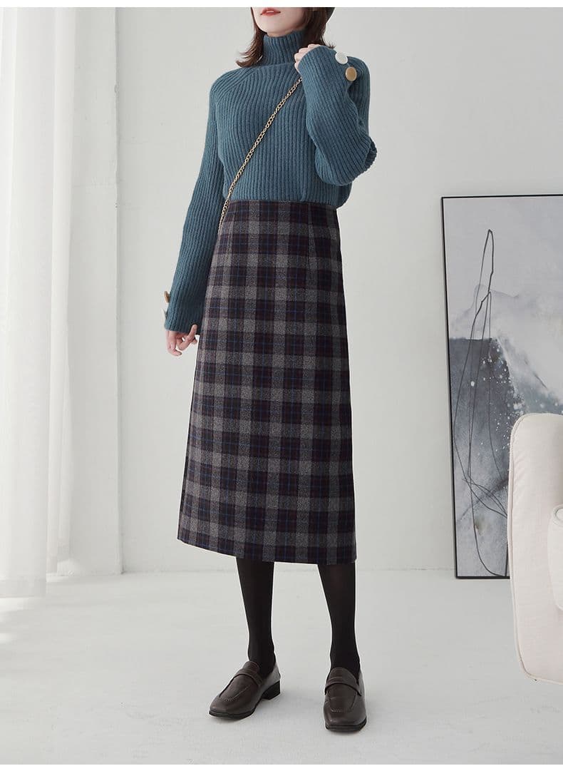 タイトスカート 上品チェック柄ウール混タイトスカート