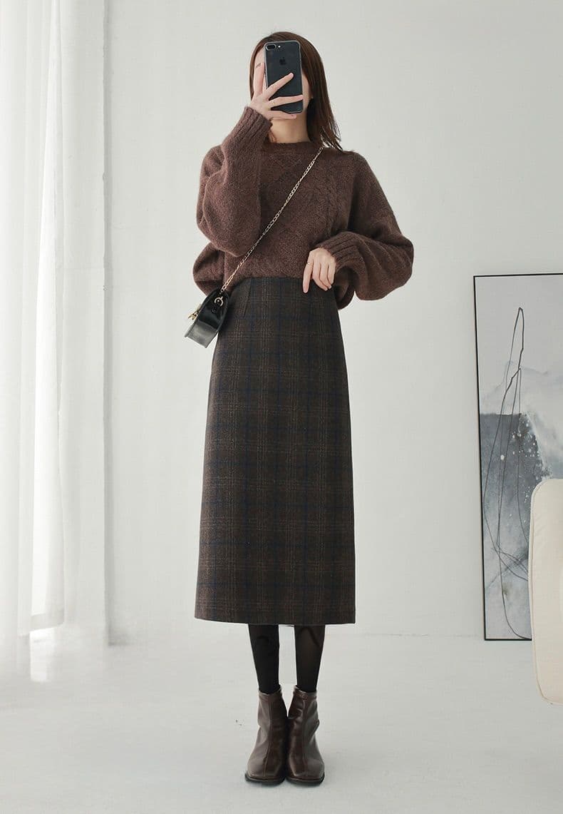 タイトスカート 上品チェック柄ウール混タイトスカート