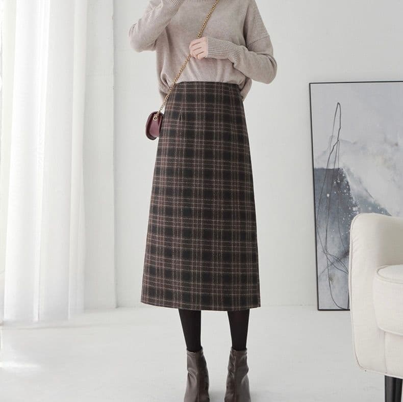 タイトスカート 上品チェック柄ウール混タイトスカート