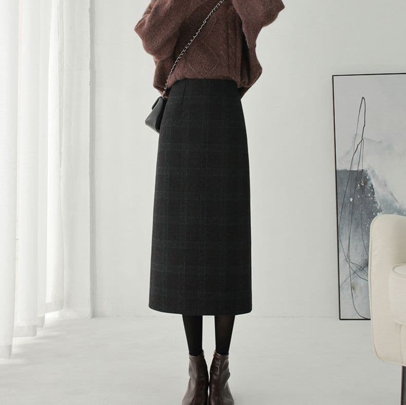タイトスカート 上品チェック柄ウール混タイトスカート