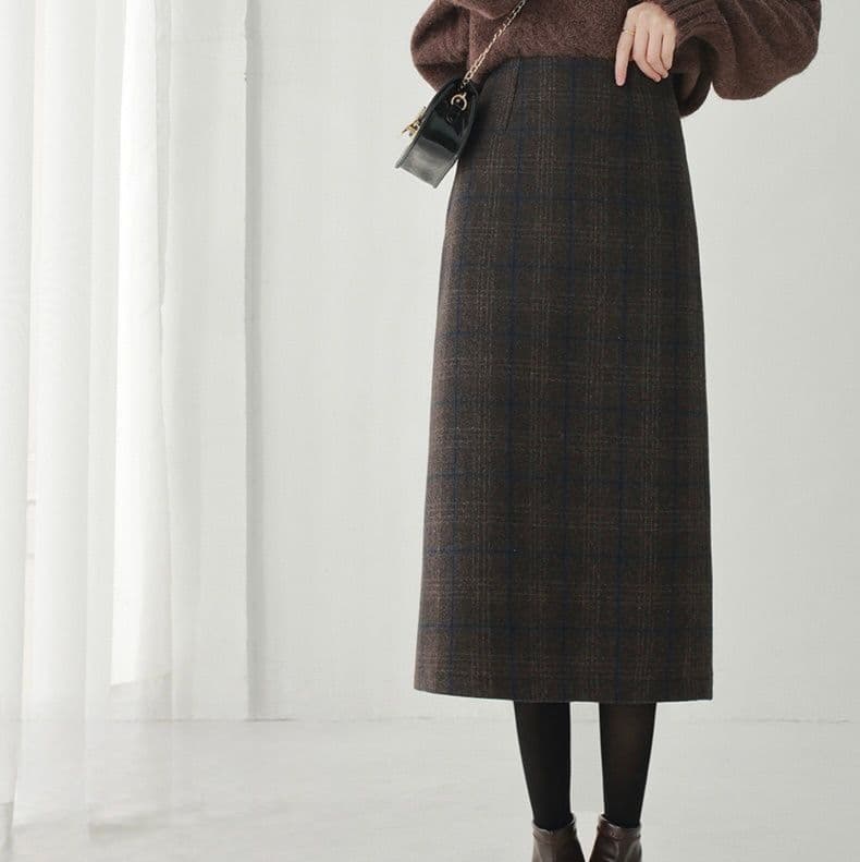 タイトスカート 上品チェック柄ウール混タイトスカート