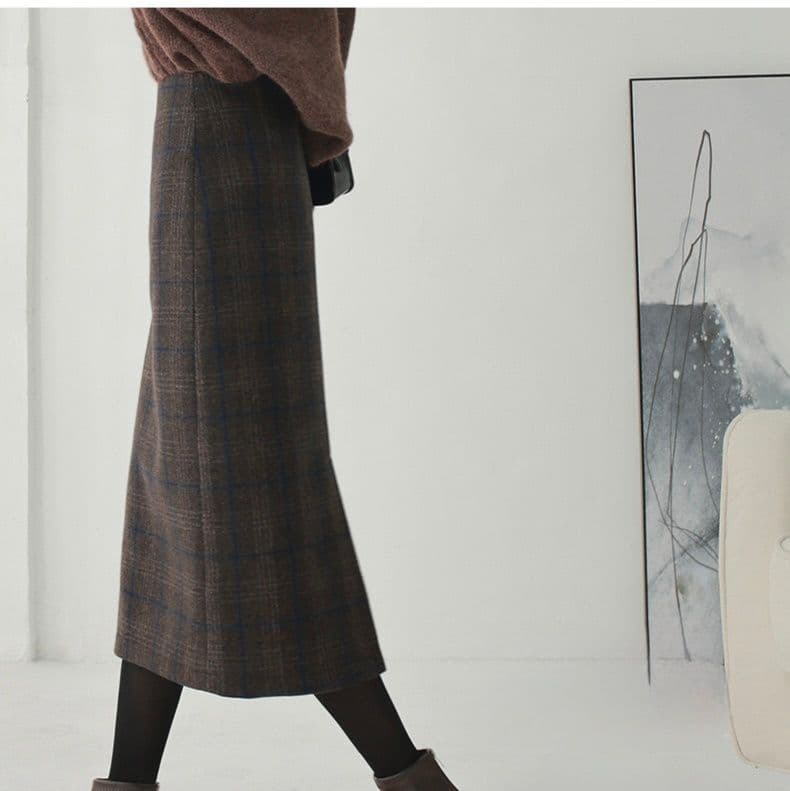 タイトスカート 上品チェック柄ウール混タイトスカート