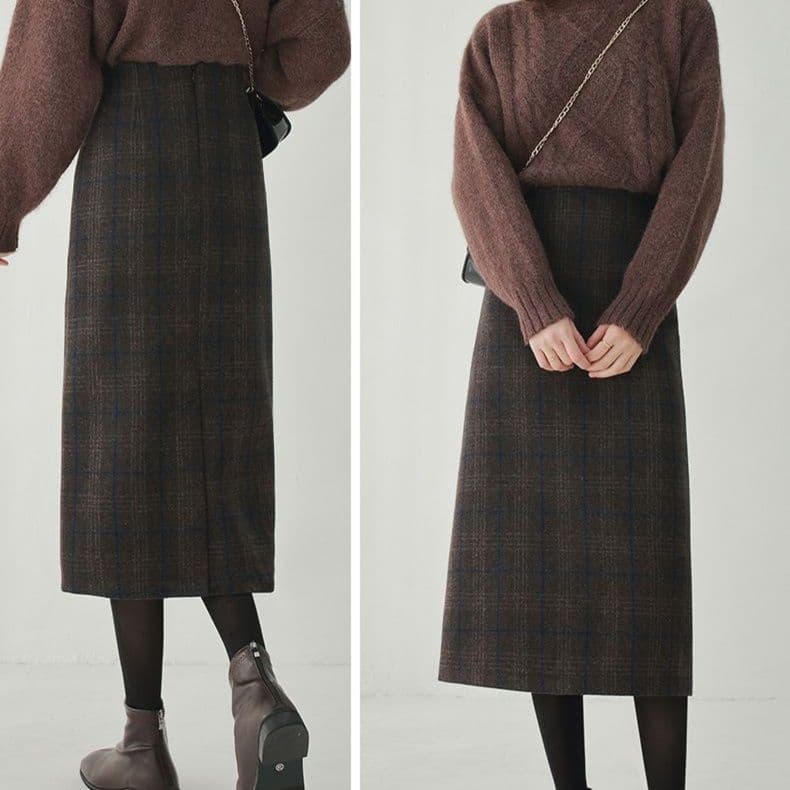 タイトスカート 上品チェック柄ウール混タイトスカート