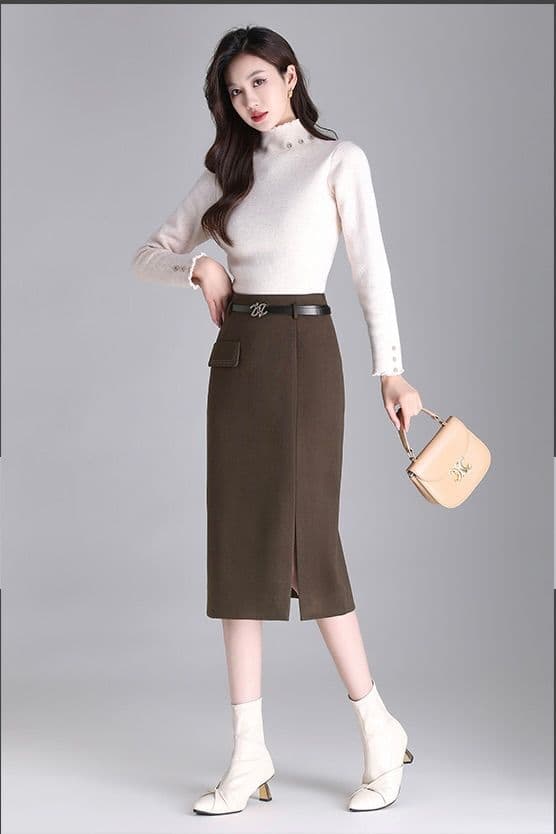 タイトスカート 上品なベルト付きスリット入りタイトスカート