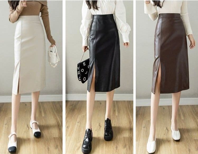 タイトスカート レザー調サイドスリット入りタイトスカート
