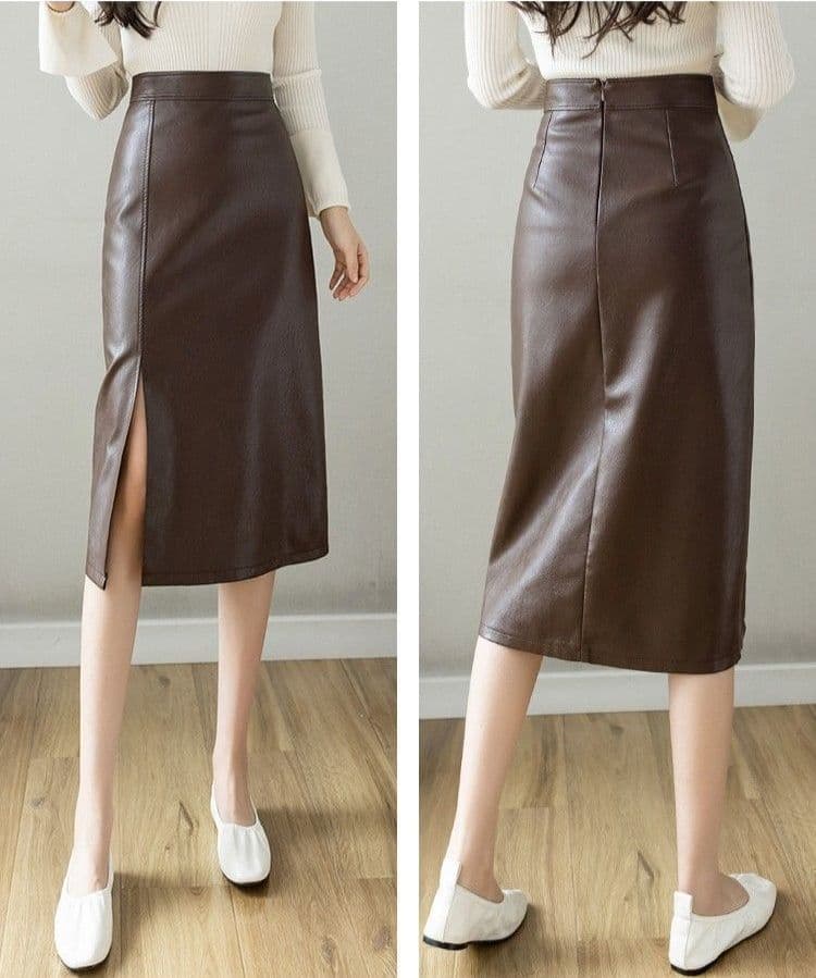 タイトスカート レザー調サイドスリット入りタイトスカート